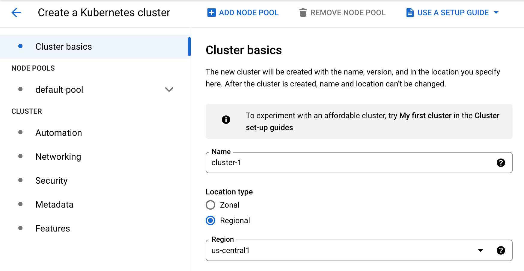 Creating a cluster in Google Kubernetes Engine