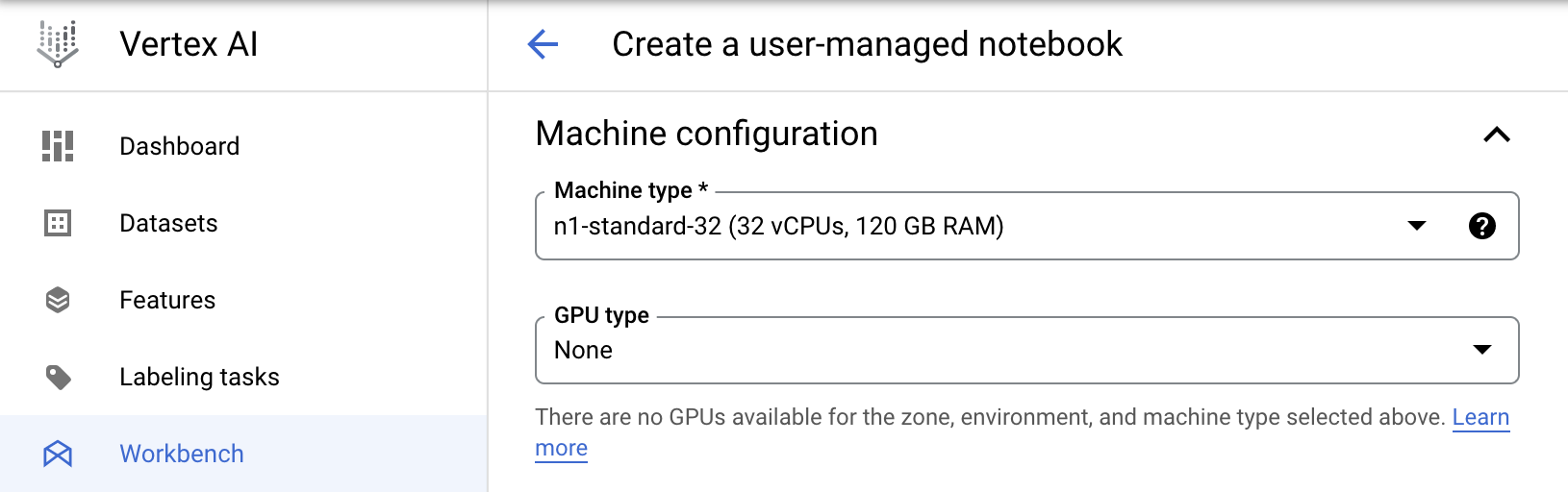 Specifying a machine configuration in GCP Vertex AI Workbench